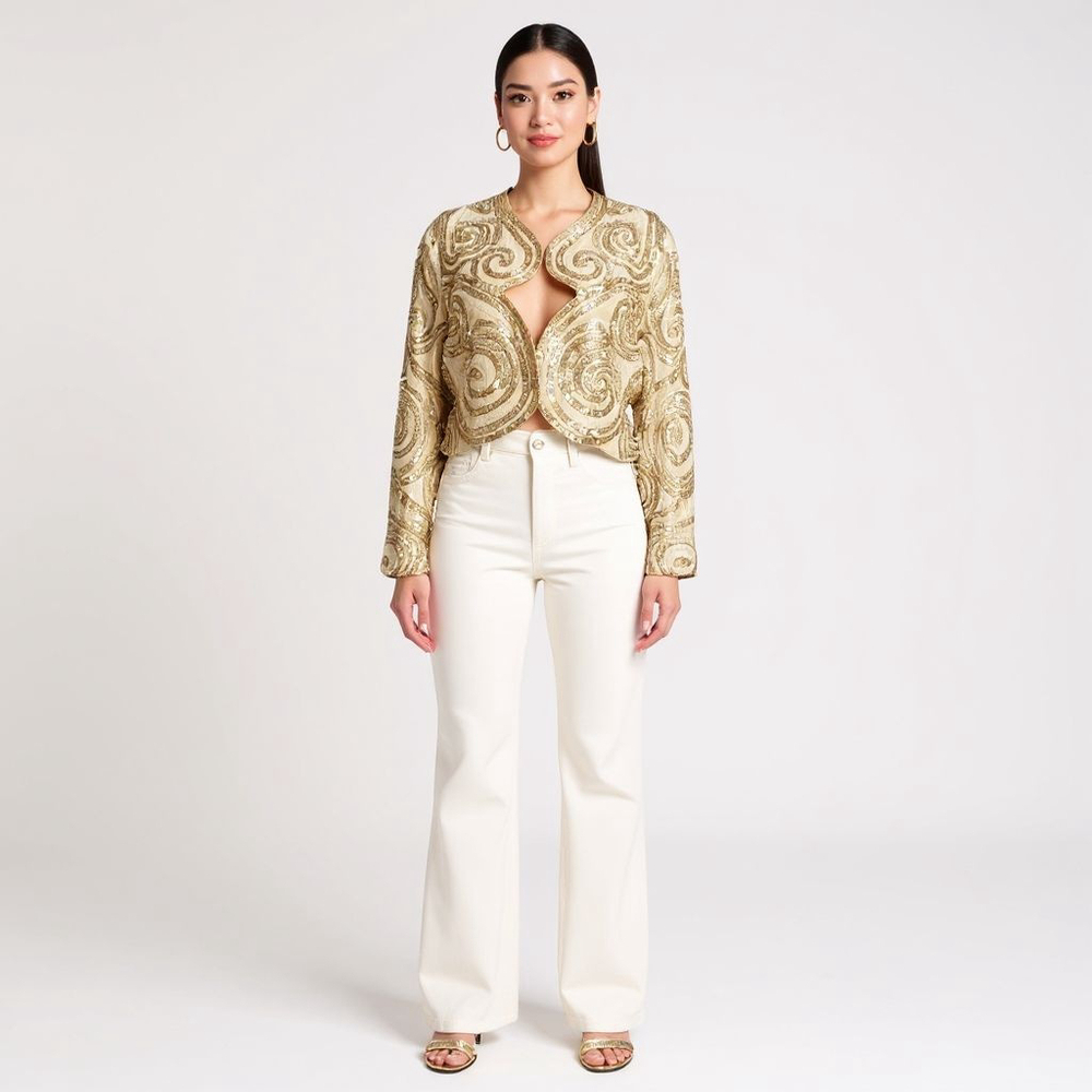 George F. Couture Vintage Sequin Gold White Bolero Jacket